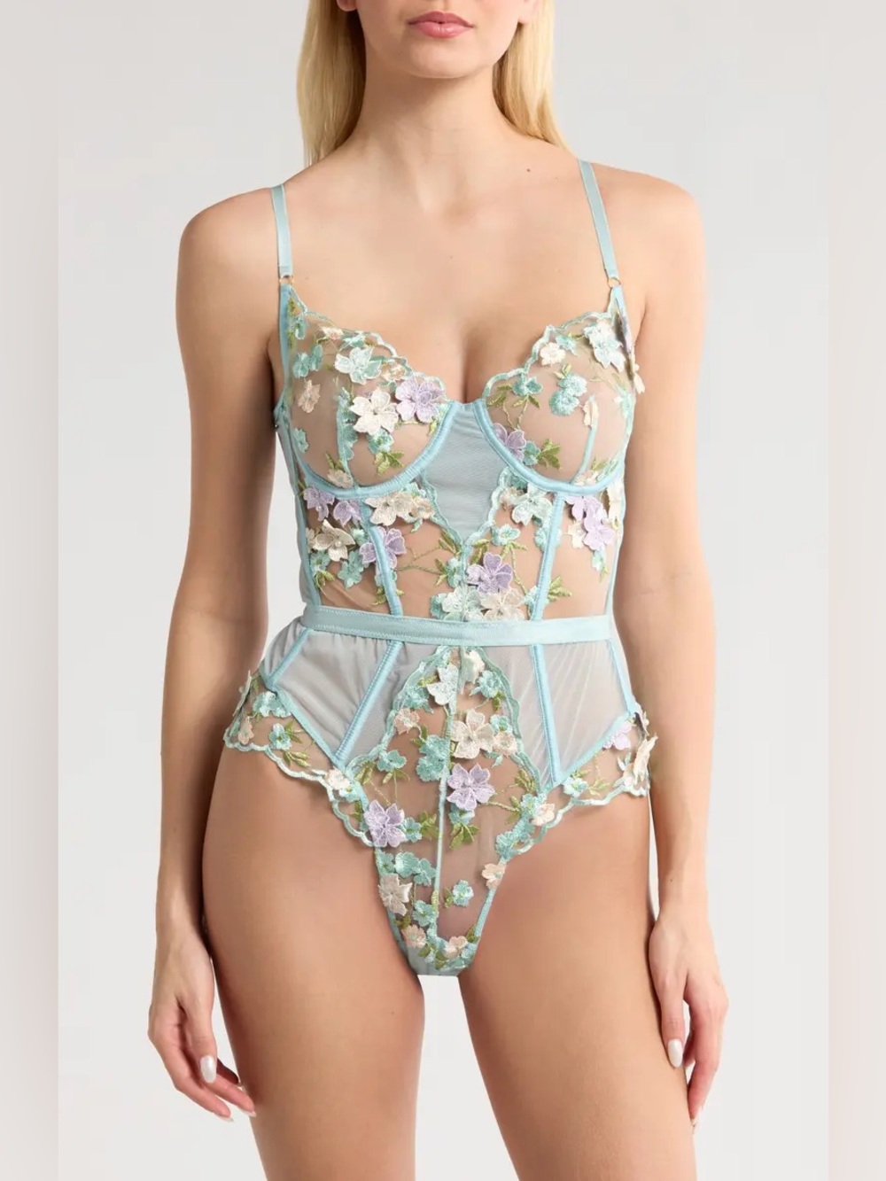 Kilo Brava boudoir floral beaded Embroidered Underwire Bodysuit L powder blue